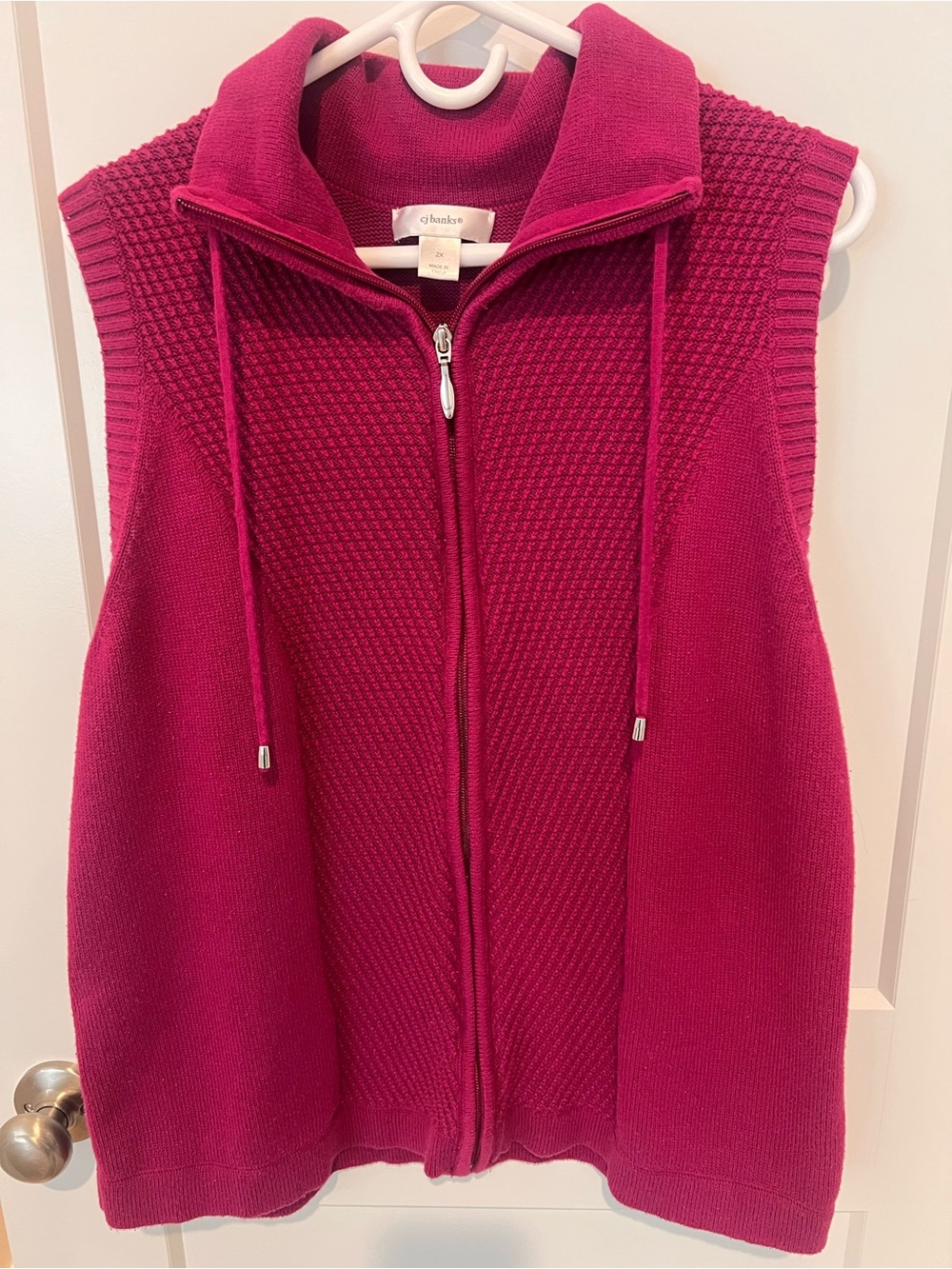 CJ Banks Magenta Zip-Front Knit Vest with Drawstring Collar